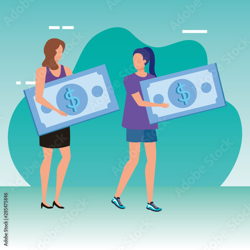 young women with bills dollars characters