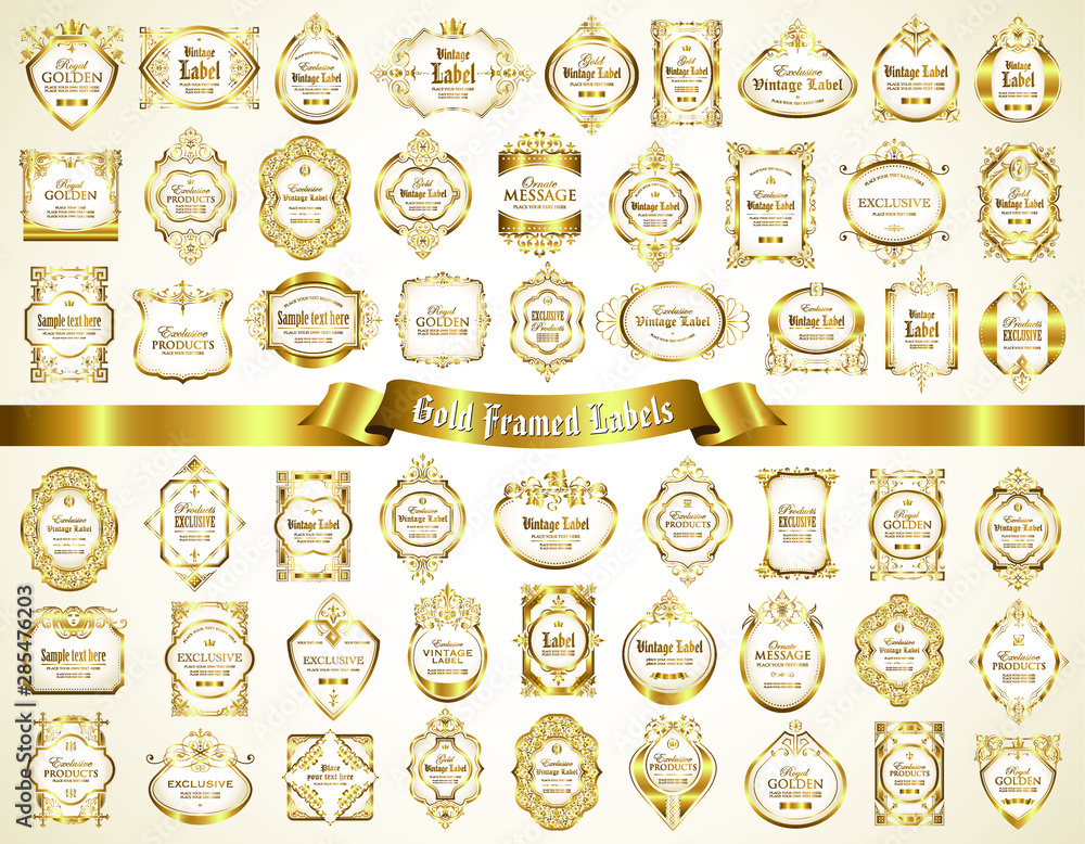 Large collection of ornamental white gold-framed labels in vintage and retro style Large collection of ornamental white gold-framed labels in vintage and retro style