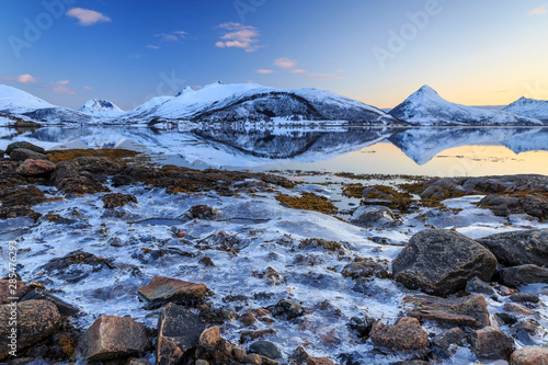 Ice-covered shore at the fjord on Senja Island, Troms County, Norway