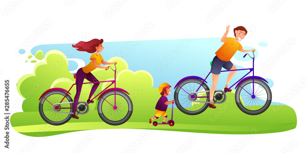 Fototapeta premium Family cycling together flat vector illustration