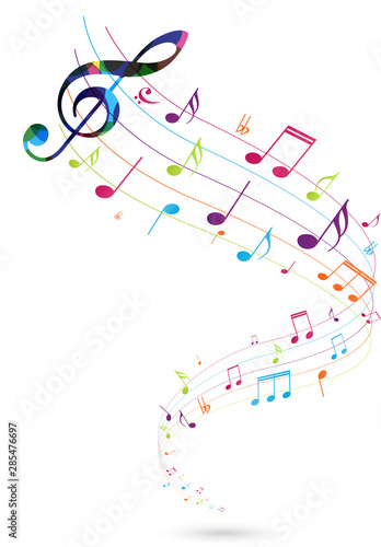 Colorful music notes background isolated on white