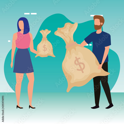 young couple with money bags avatars characters