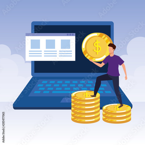 young man with laptop and money