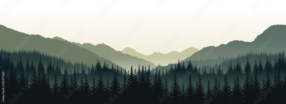 Naklejka Wektorowy panoramiczny krajobraz z zielonymi sylwetkami drzew i wzgórz
