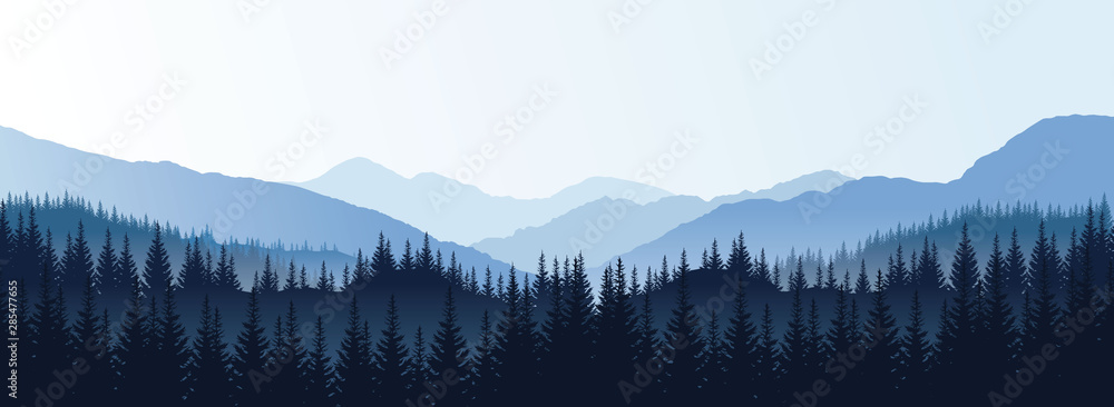 Vector panoramic landscape with blue silhouettes of trees and hills ...