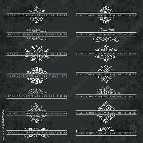 Vector collection of various calligraphic ornate headpieces on chalkboard background