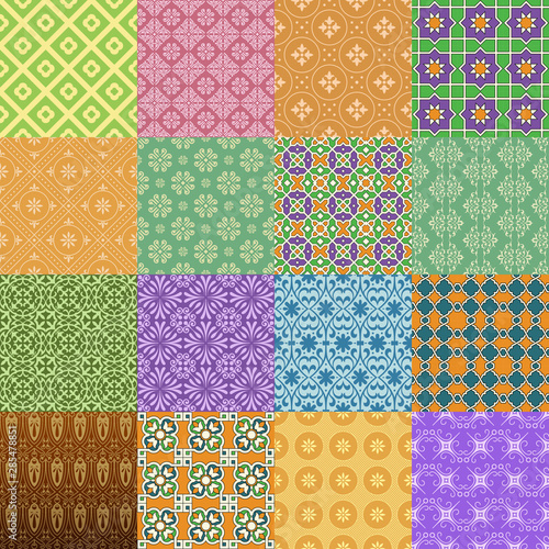 Vector set of different seamless patterns in color