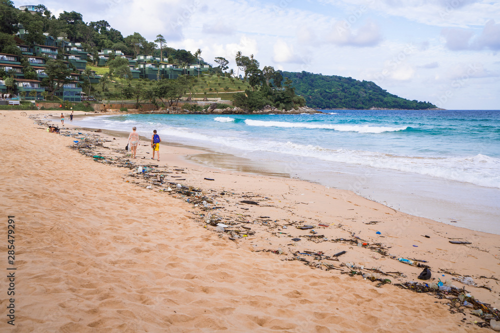 Kata Beach, Phuket, Thailand- 28 JULY 2019 : plastic and waste on the beaches