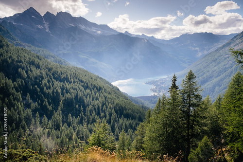 Mountain landscape with conifer of firs and larches, mountain range in background. View to Ceresole Reale lake. Italian Alps, Gran paradiso National Park, Piedmont, Italy