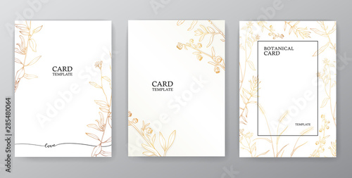 Floral vector card set, invitation and greeting cards. Hand drawn gold line herb pattern on white background
