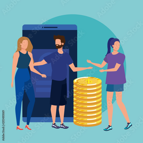 group of people with smartphone and coins