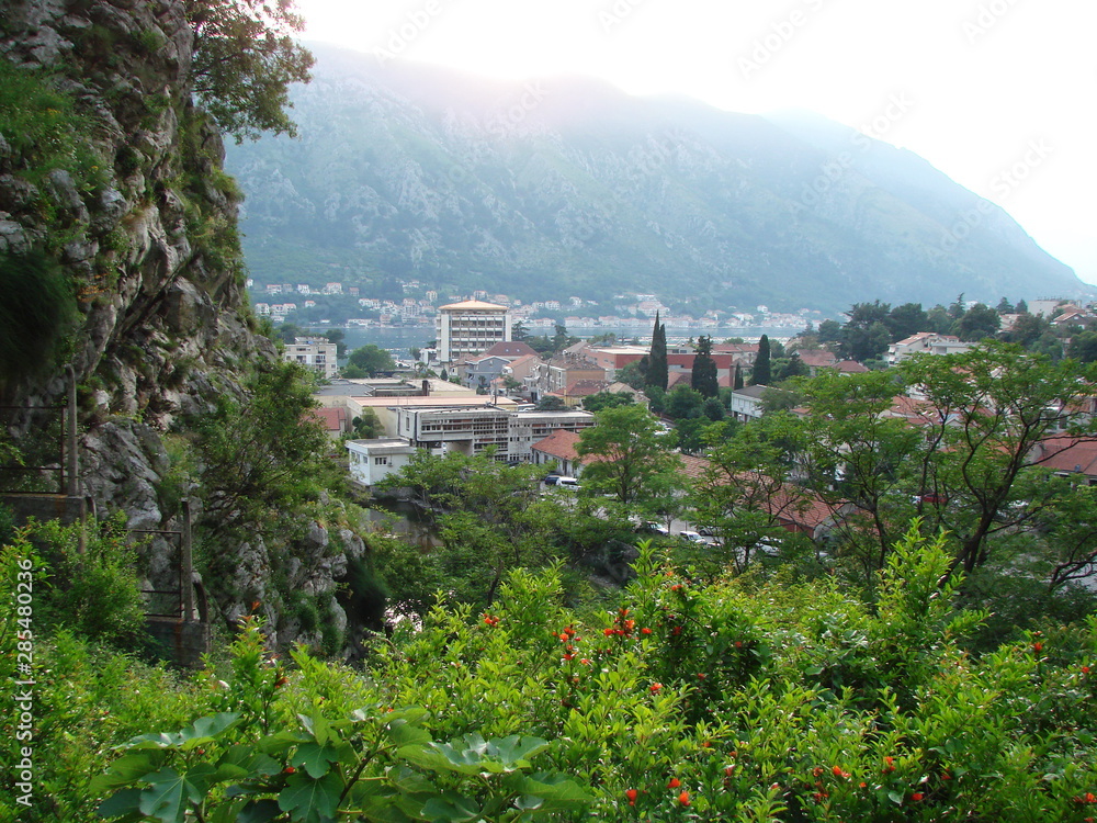 Obraz premium Panorama of the modern areas of Kotor from the top of the cliff against the backdrop of the bay and the mountain ridge on the horizon.