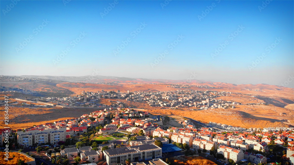 Judean Hills landscape Aerial view Drone footage over Judean Hills landscape With Israel and Palestine Towns