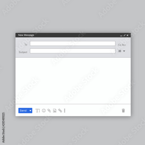 Email window mockup realistic illustration. Blank new message template.