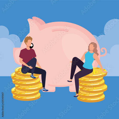 young couple with piggy and coins