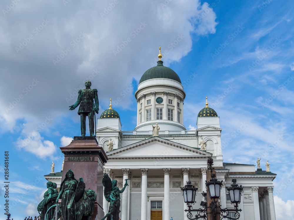 Beautiful statue at Senate Square in front of Helsinki Cathedral in Finland