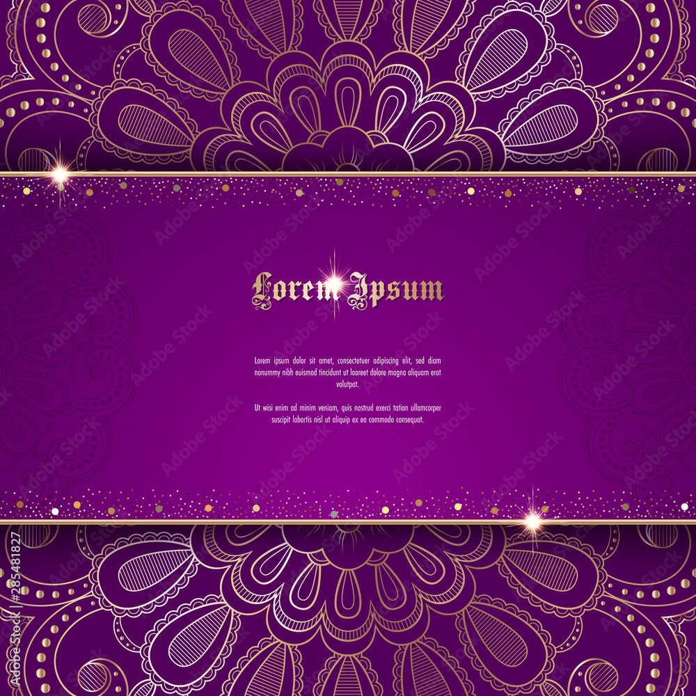 Greeting card or invitation template with golden ornament and confetti. Design for any purposes: wedding, birthday, anniversary or christmas Greeting card or invitation template with golden ornament and confetti. Design for any purposes: wedding, birthday, anniversary or christmas