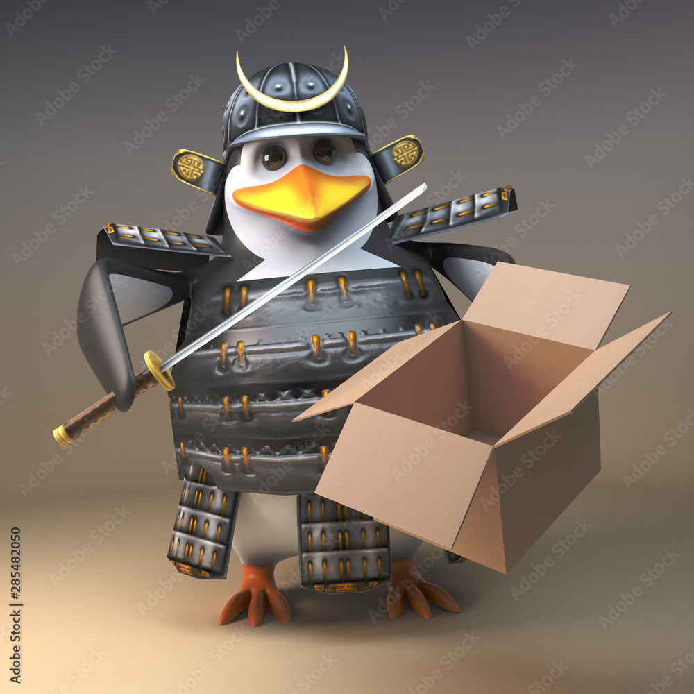 3d samurai warrior penguin character in full armour with an open cardboard  box, 3d illustration ilustración de Stock | Adobe Stock