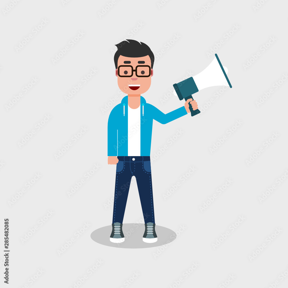 Young happy man standing with a megaphone in his hand. Make an announcement. Advertising something. Talk through a loud speaker. Transmit a message to a crowd. Vector illustration flat style Young happy man standing with a megaphone in his hand. Make an announcement. Advertising something. Talk through a loud speaker. Transmit a message to a crowd. Vector illustration flat style