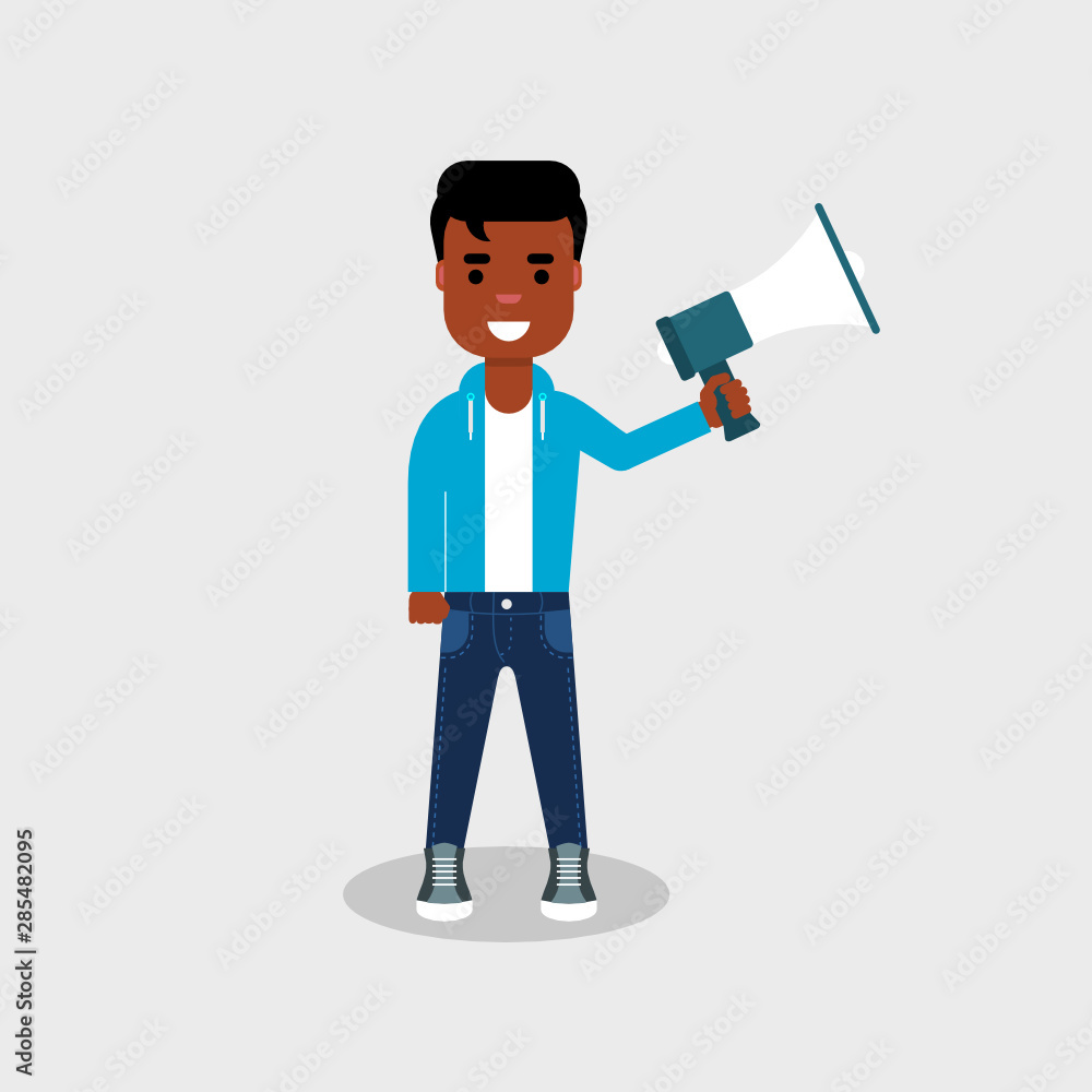 Young African American standing with a megaphone in his hand. Make an announcement. Advertising something. Talk through a loud speaker. Transmit a message to a crowd. Vector illustration flat style Young African American standing with a megaphone in his hand. Make an announcement. Advertising something. Talk through a loud speaker. Transmit a message to a crowd. Vector illustration flat style