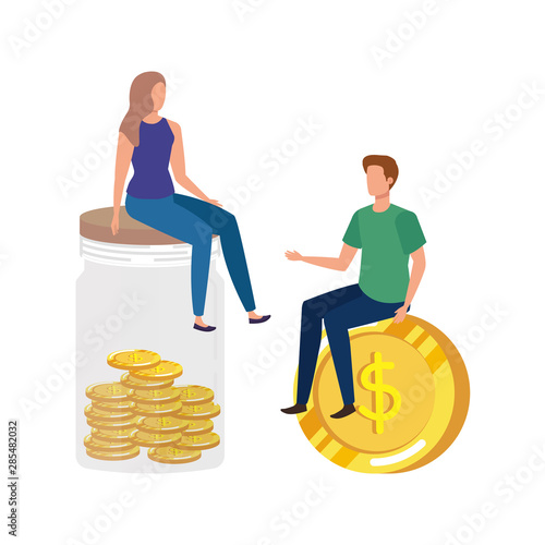 young couple with coins money in mason jar