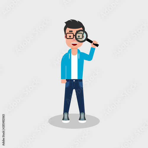 Young man with a smile looking through magnifying glass. Happy man looking for something with a lupe. Search, investigate, curiosity, find, concept. Stock vector illustration flat style