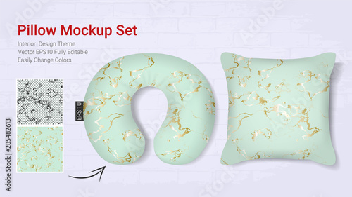 Realistic travel neck pillows mockup template and cover cushion case, Printable graphic for Home decorative theme design with marble golden texture (Vector set template, Fully editable color change) 