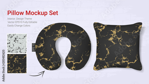 Realistic travel neck pillows mockup template and cover cushion case, Printable graphic for Home decorative theme design with marble golden texture (Vector set template, Fully editable color change) 