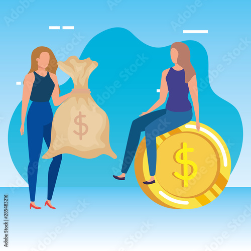 young women with coin and money sack dollars