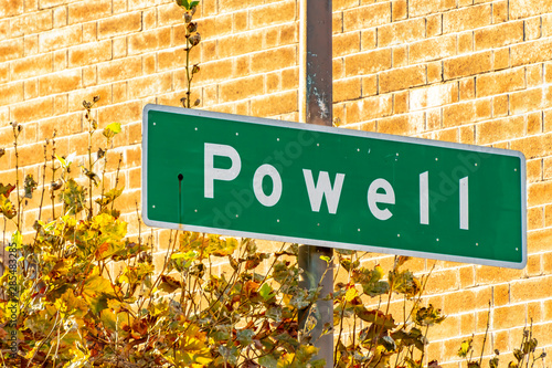Powell street sign on pole in San Francisco, California. Green meatl plate, white writing/ lettering. Brick wall building in background. photo