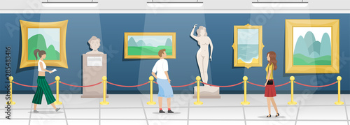 Fine arts museum with visitors. Hall with paintings in gilded baguettes and sculptures. Classical art