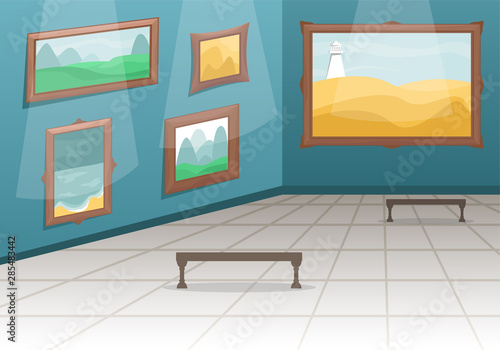 Fine arts museum. Hall with paintings in gilded baguettes, fenced from visitors. Classical art.