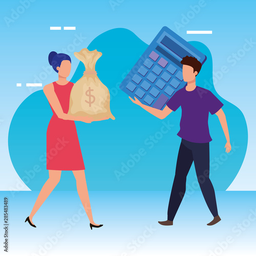 young couple with calculator and sack characters