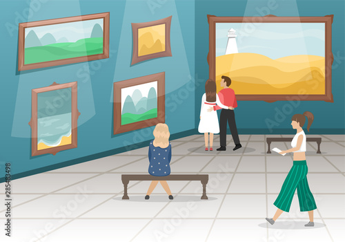 Fine arts museum with visitors. Hall with paintings in gilded baguettes, fenced from visitors. Classical art.