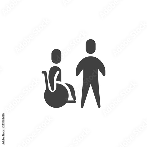 Man transporting disabled patient vector icon. filled flat sign for mobile concept and web design. Person sitting in the wheelchair glyph icon. Symbol, logo illustration. Vector graphics