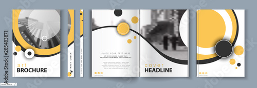 Cover design. Business Template Brochure. City office photo, city. Yellow and black design, catalog, layout. White Techno. book, booklet, album, poster. Annual report, title. Ad text, font, a4 format