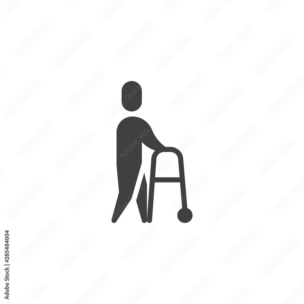 Man with walker vector icon. filled flat sign for mobile concept and web design. Disabled man glyph icon. Symbol, logo illustration. Vector graphics Man with walker vector icon. filled flat sign for mobile concept and web design. Disabled man glyph icon. Symbol, logo illustration. Vector graphics