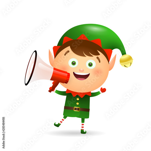 Happy Xmas elf announcing news. Holding speaker, megaphone, shouting. Christmas concept. Realistic vector illustration can be used for topics like New Year sale, advertising, special offer