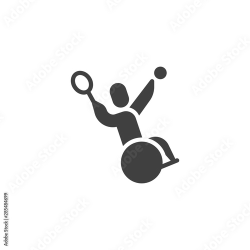 Wheelchair tennis vector icon. filled flat sign for mobile concept and web design. Disabled man playing tennis glyph icon. Symbol, logo illustration. Vector graphics