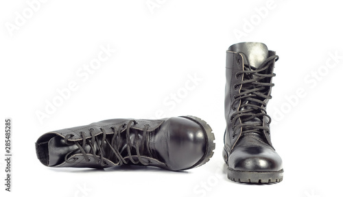 Billede på lærred Black Leather combat boot or Army Boots on white.