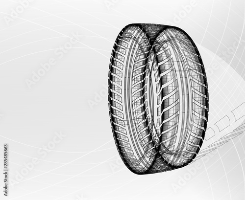 Car tire with tire marks on a light grey background. Vector blueprint illustration