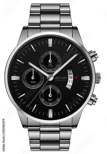 Realistic clock watch stainless steel black face luxury for men on white background vector illustration.