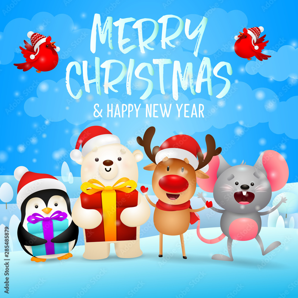 Merry Christmas lettering, polar bear, penguin, mouse, reindeer. Christmas greeting card. Handwritten and typed text, calligraphy. For leaflets, brochures, invitations, posters or banners.