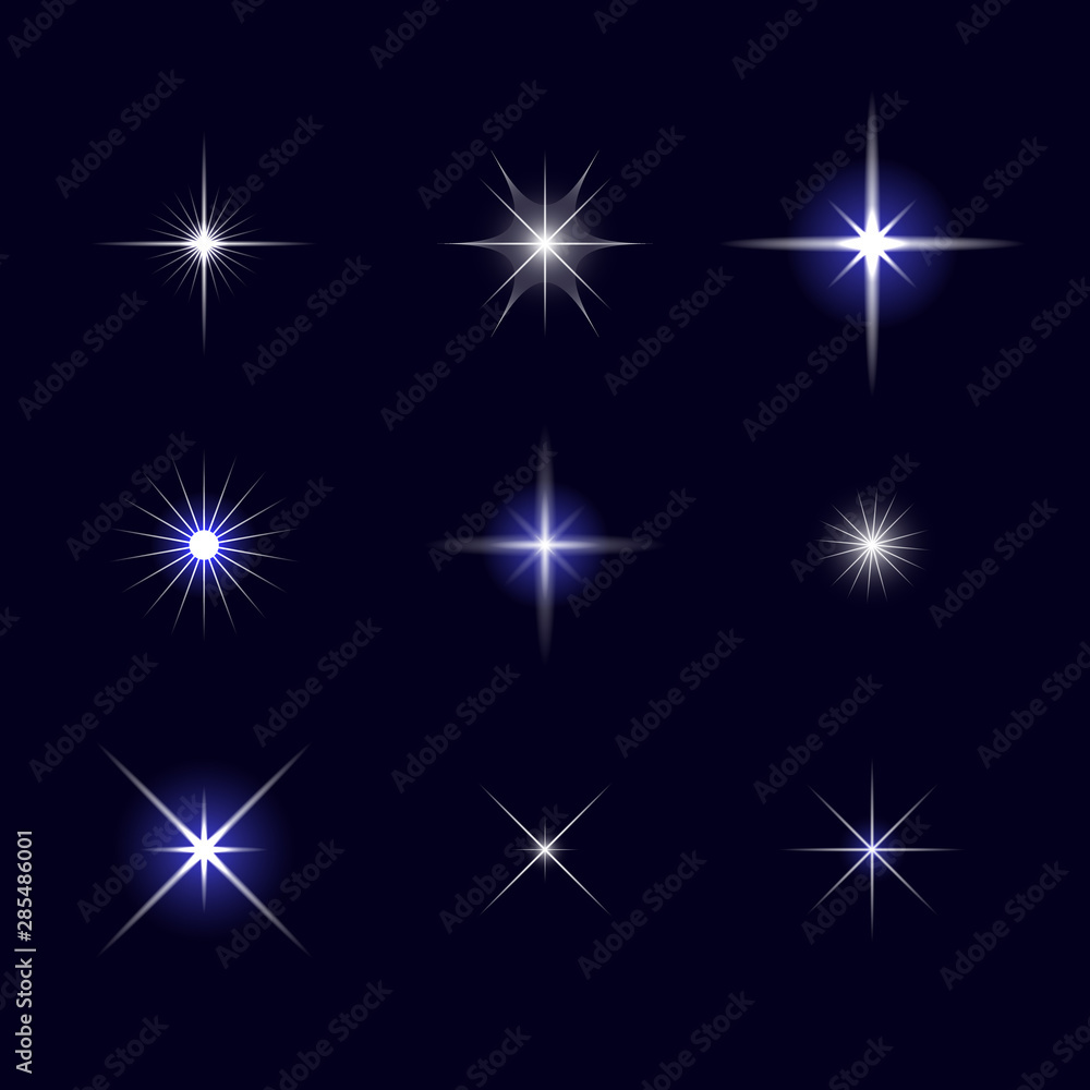 Starburst, stars and sparkles burst glowing light effect on black background. Starburst, stars and sparkles burst glowing light effect on black background.