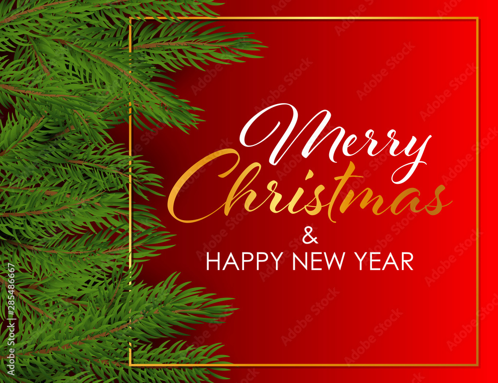 Merry Christmas and Happy New Year design in gold frame with fir branches on dark red background. Lettering can be used for posters, leaflets, announcements