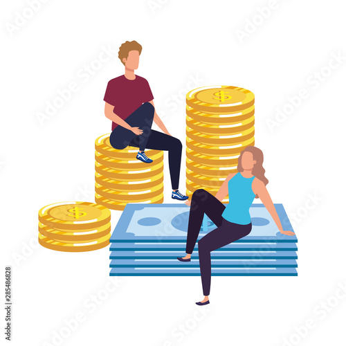 young couple with coins and bills