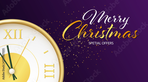 Merry Christmas Special Offers lettering with clock coming to midnight and yellow confetti on dark purple background. Lettering can be used for posters, leaflets, announcements