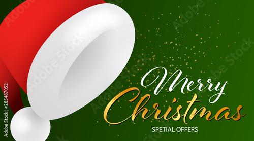Merry Christmas Special Offers lettering with Santa Claus hat and yellow confetti coming on green background. Lettering can be used for posters, leaflets, announcements
