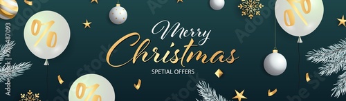 Merry Christmas Special Offers lettering with white balloons and gold star decoration on dark turquoise background. Up to percent lettering can be used for posters, leaflets, announcements