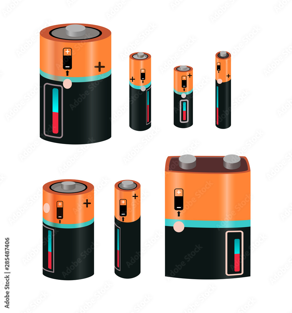 Battery types vector illustrations set. Alkaline and lithium batteries  design elements collection. Isolated flat vector illustration on white  background. Stock Vector | Adobe Stock
